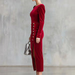 Elegant Round Neck Button-down Side Slit Long Sleeve Velvet Midi Dress