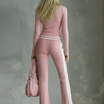 Color-blocked V-neck Long-sleeved Top And Trousers Ribbed Set