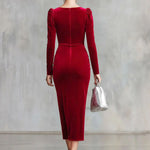Elegant Round Neck Button-down Side Slit Long Sleeve Velvet Midi Dress