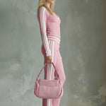 Color-blocked V-neck Long-sleeved Top And Trousers Ribbed Set