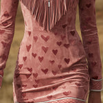 Western Style V-neck Fringed Heart Print Faux Suede Long-sleeved Mini Dress