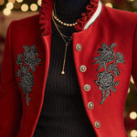 Ruffled Stand-up Collar Single-breasted Rose Embroidered Jacket