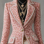Lapel Single-breasted Pink Leopard Print Mid-length Coat