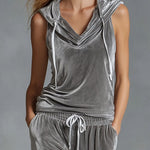 V-neck Hooded Sleeveless Top And Pants Velvet Set