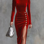 Elegant Round Neck Button-down Side Slit Long Sleeve Velvet Midi Dress