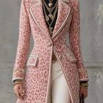 Lapel Single-breasted Pink Leopard Print Mid-length Coat