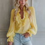 V-neck Chiffon Single-breasted Long-sleeved Shirt