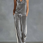 V-neck Hooded Sleeveless Top And Pants Velvet Set