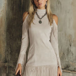 Semi-high Neck Off-the-shoulder Fringed Faux Suede Long-sleeved Mini Dress