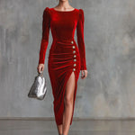 Elegant Round Neck Button-down Side Slit Long Sleeve Velvet Midi Dress