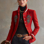 Ruffled Stand-up Collar Single-breasted Rose Embroidered Jacket