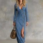 V-neck Single-breasted Side-slit Denim Long-sleeved Maxi Dress