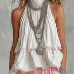 High-necked Sleeveless Cotton Blend Top