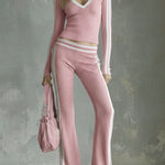Color-blocked V-neck Long-sleeved Top And Trousers Ribbed Set