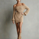 Women's Camel Elegant Fuzzy Knit Off - The - Shoulder Belted Mini Dress