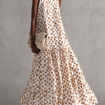 Fashionable Sophisticated Elegant Round Neck Sleeveless Polka Dot Printed Off-white Chiffon Vacation Maxi Dress