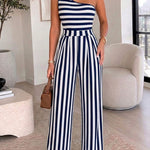 Women's Striped One Shoulder Jumpsuit Casual High Waisted Wide Leg Overalls