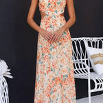 Crewneck Cut Out Waist Floral Print Maxi Dress