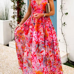 V Neck Sleeveless Floral Print Swing Maxi Vacation Dress