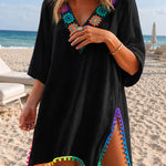 Women's V Neck Beach Cover Up Pom Pom Trim Side Slit Sheer Caftan Causal Three Quarters Sleeve Swimwear