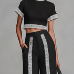 Women's Vintage Black Cotton And Linen Blend Wide-leg Pants Set With Lace Detailing