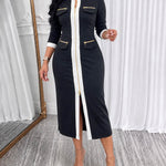 Women's Contrast Paneled Midi Dress Two-Way Zipper Front Long Sleeve Slit Work Dress