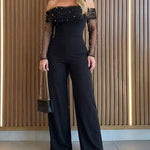 Women's Foldover Off Shoulder Pearl Mesh Jumpsuit Sheer Long Sleeve High Waist Flare Leg Jumpsuit with Pockets