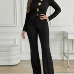 Golden Button Decor Long Sleeve Seam Front Overalls Casual Zipper Back Faux Two-Piece Commuting Jumpsuit
