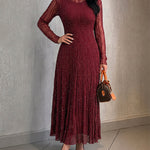 Women's Rhinestone Lace Long Sleeve Maxi Dress Crew Neck Textured A-Line Evening Gown
