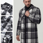KZZ Men's plaid check long coat, with a buttoned lapel, loose fit