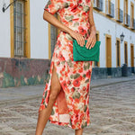 Asymmetrical Shoulder Split Floral Print Midi Dress