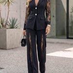Women's 2 Piece Blazer Suit Set Elegant Lace Patchwork Long Sleeve Coat and High Waisted Straight Leg Pants