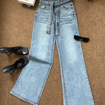 Allover Rhinestone Decor High Waist Zipper Fly Jeans Casual Flared Denim Pants with Rhinestone Decor Belt
