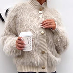 Women's Faux Fur Sweater Cardigan Knitted Turtleneck Jumper Fluffy Coat