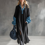 Fashionable Casual Black Knitted Denim Trim Maxi Dress