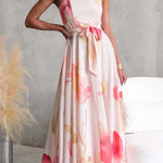 Strapless Tube Tie Waist Floral Print Maxi Dress
