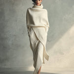 Women's Cream Elegant Rib - Knit Cowl Neck Wrap Skirt Set