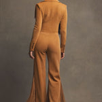 Western Retro Light Brown Faux Suede Zipper Tassel Long-Sleeved Jumpsuit