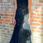 Margovil Spaghetti Strap Back Lace-up Applique Flower Lace Maxi Dress