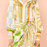 Margovil Long Sleeves Button Up Tie Waist Unique Print Wrap Mini Dress