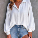 Women's Textured Button Down Shirt Loose Fit Lantern Sleeve Blouse Casual Office Work Top