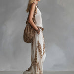 Elegant Vacation Style White Mesh Knit Tank Top Chiffon Printed Wide-leg Pants Set