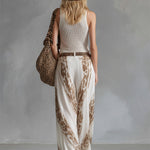 Elegant Vacation Style White Mesh Knit Tank Top Chiffon Printed Wide-leg Pants Set