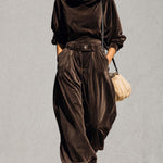 Vintage Sophisticated Casual Brown Velvet Hoodie And Loose Pants Set