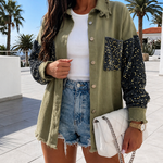 Women's Sequin Patchwork Denim Jacket Raw Hem Button Down Coat Long Sleeve Shacket with Pockets
