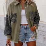 Women's Sequin Patchwork Denim Jacket Raw Hem Button Down Coat Long Sleeve Shacket with Pockets