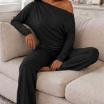 Women's 2 Piece Outfits Skew Neck Ruched Asymmetric Hem Top and Wide Leg Pants Set Casual Lounge Set