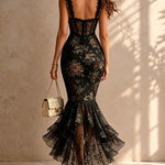 Black Romantic Floral Midi Mermaid Dress with Lace Trim