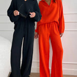 4Pcs Outfits Black Sets+Orange Sets Simple V-Neck Tops + Casual Wide Leg Pants