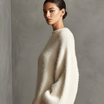 Women's Cream Elegant Faux Mink Knit Asymmetric Slit Midi Dress